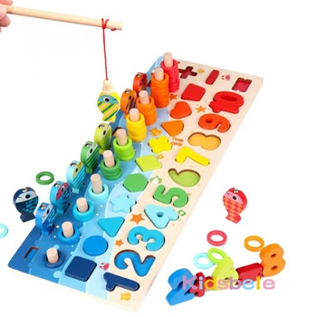 Kids Montessori Math Toys For Toddlers Educational Wooden Puzzle Fishing Toys Count Number Shape Matching Sorter Games Board Toy 2