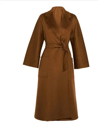 Dark brown Двустороннее кашемировое пальто с водной волнистой поверхностью, женское длинное пальто, Осень-зима, высококачественное шерстяное пальто красного и белого цвета, теплая Женская куртка - Цвет: Dark brown