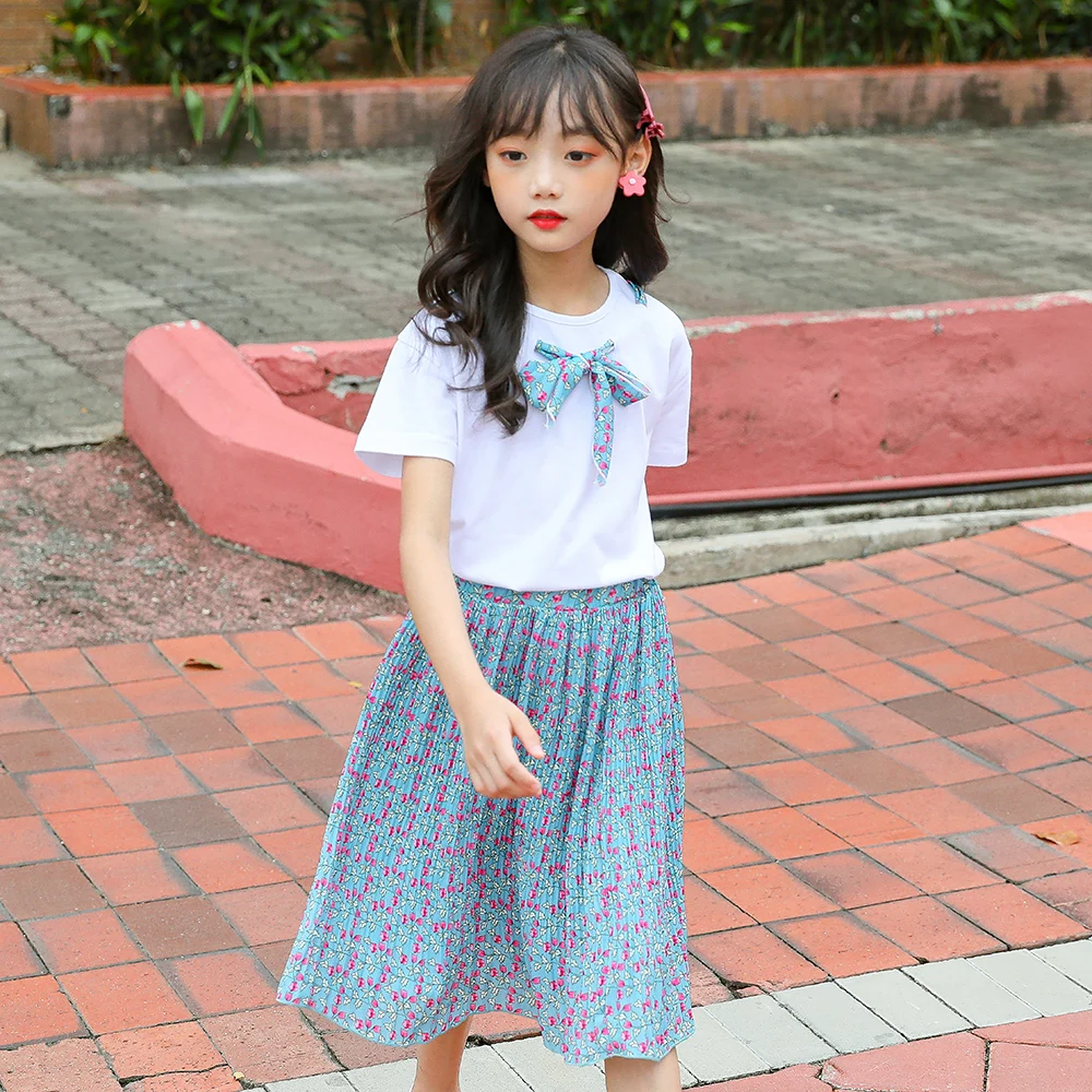 

New 2020 Summer Girls Clothing Set Cute Kids T-shirt and Skirt Set for Girls Floral Skirt Bow Baby Girls Two Pieces Set, #9039