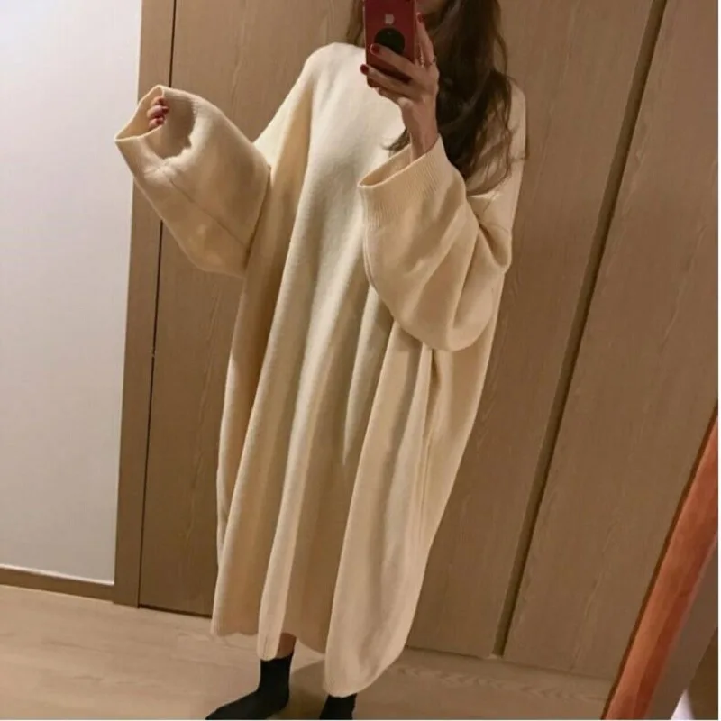 

Autumn And Winter New Style Loose And Plus-sized Sweater Women's over-the-Knee Long Korean-style Crew Neck Base Shirt Woolen Kni