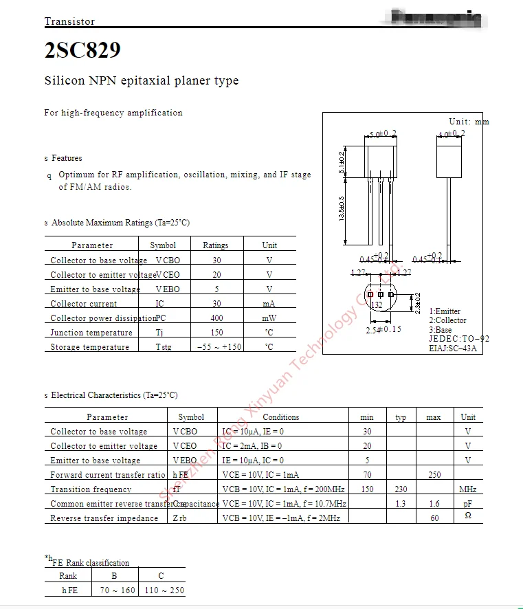 2SC829-C 2SC829 C829 TO-92 кремния NPN ЭПИТАКСИАЛЬНЫЙ строгальный станок типа. Для высокочастотного усиления