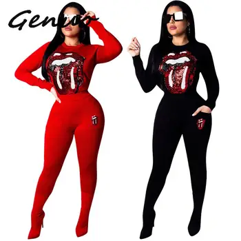 

Genuo Women Two Piece Set New Long Sleeve Top And Pocket Pants Sweat Suit 2 Piece Matching Sets Sequin Streetwear Club Outfit