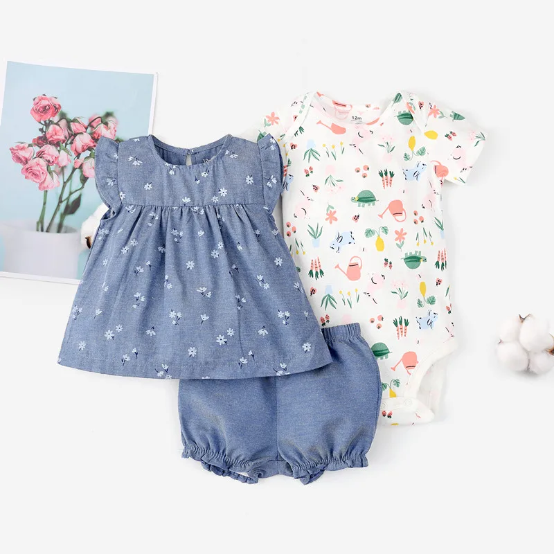 

2023 orangemom baby girl clothes flower bodysuit + shorts + T-shirt 3 pcs baby clothing girl for baby set , super nice dresses