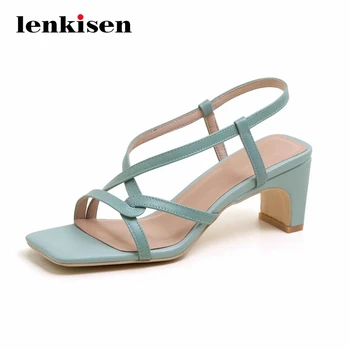 

Lenkisen high fashion cow leather gorgeous streetwear square toe high square heels slip on beauty lady dress women sandals L01