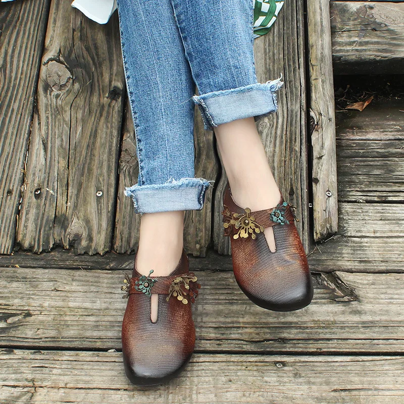 

Handmade leather female shoes low heel retro national style women casual shoes round head shallow flower