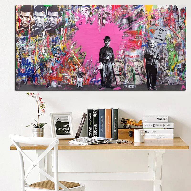 

Einstein Chaplin Mixture Canvas Painting Graffiti Printed Poster and Prints Painting Wall Pictures for Home Living Room Decor