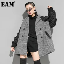 [EAM] Свободная черная клетчатая двубортная куртка большого размера, Новое Женское пальто с отворотом и длинным рукавом, модное осенне-зимнее 1K155