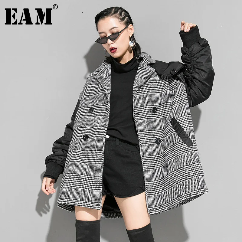 incredible  [EAM] Loose Fit Black Plaid Double Breasted Big Size Jacket New Lapel Long Sleeve Women Coat Fashio