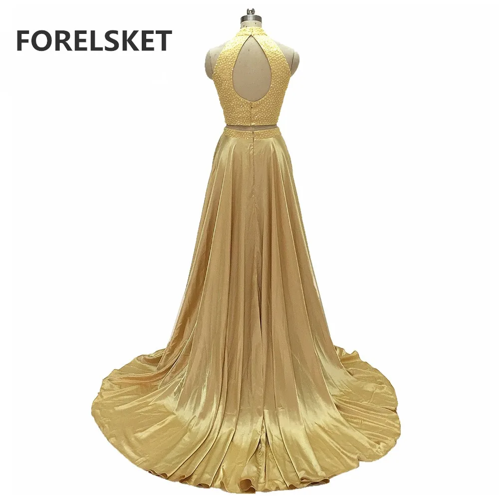 

Champagne Satin Two Pieces Prom Dresses Long 2020 Sparkly Beading Celebration Halter Formal Evening Party Dress Vestido De Festa
