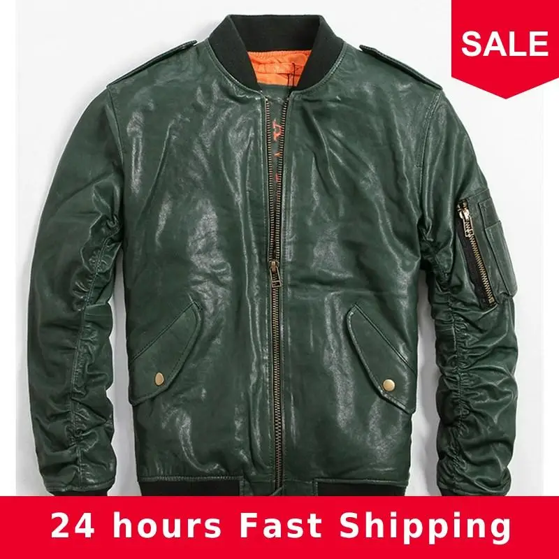 

2020 Men Green Military Pilot Leather Jacket Large Size XXXXXXL Genuine Sheepskin American USAF Aviator Leather Coat