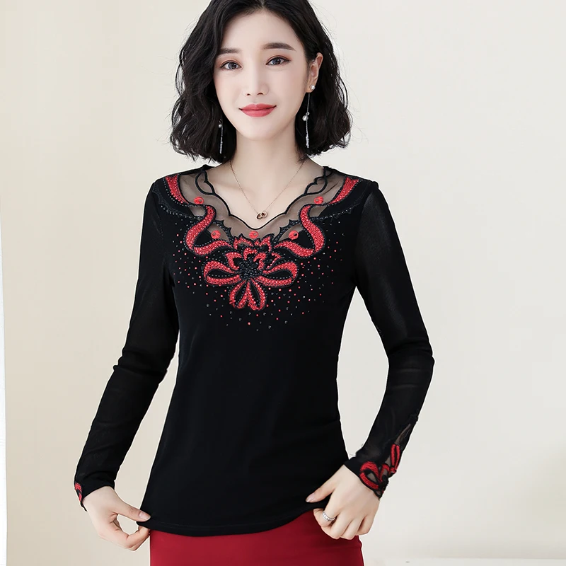 Autumn Fashion Long Sleeve Slim Shirt V-neck Top Women Blouses Bottom Shirt New Female Delicate Embroidery Diamonds 6741 50