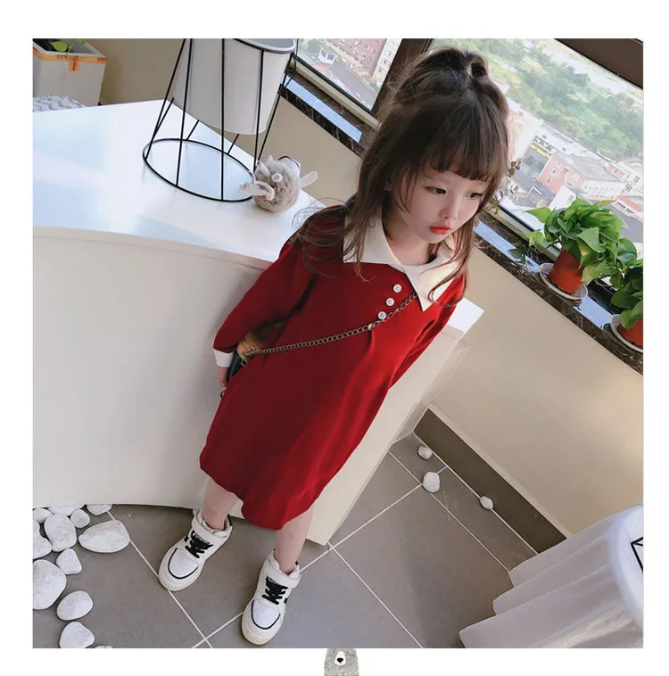 Свитер для девочек, юбка осенняя одежда корейский стиль, для детей, для малышей, западный стиль, отложной воротник, контрастный цвет, хипстер, полный корпус