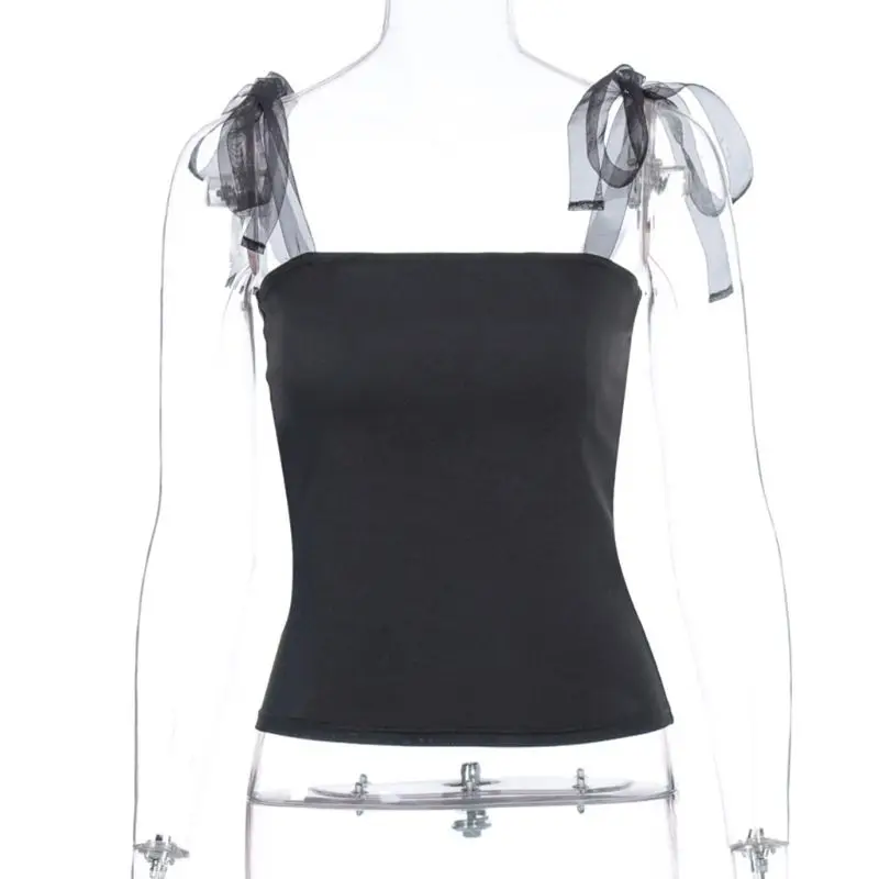 Women Summer Sexy Off Shoulder Tank Top Mesh Ribbon Tie Shoulder Strap Camisole Bodycon Sleeveless Backless Vest