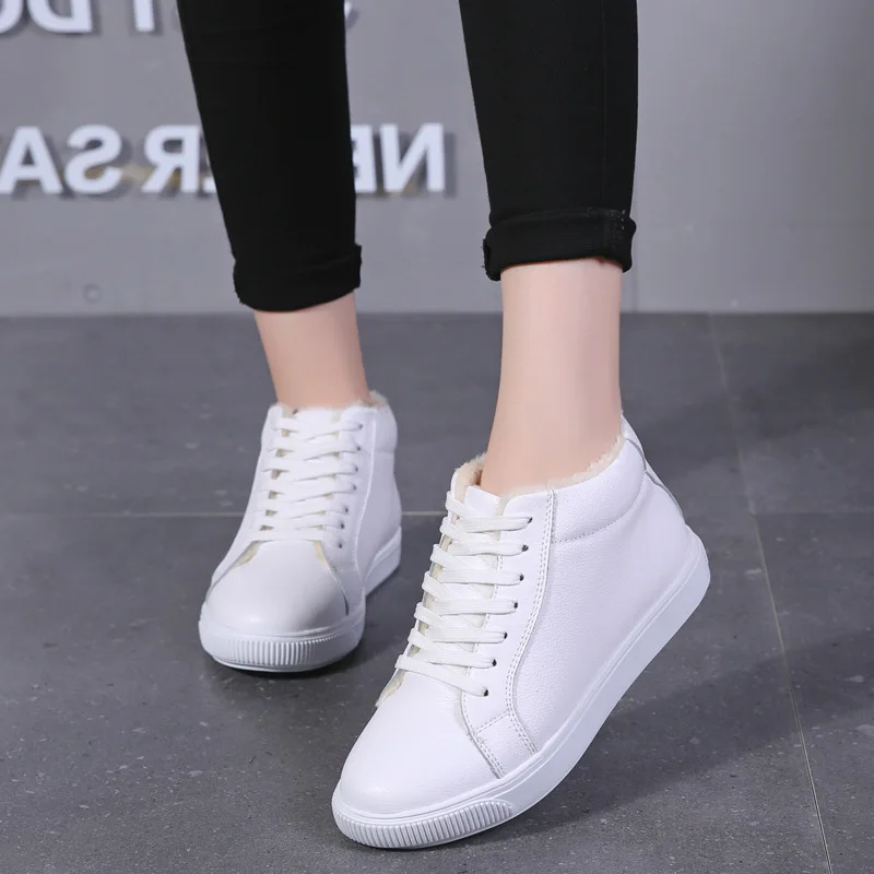 

2019 Winter New Style WOMEN'S Shoes plus Velvet High Cotton-padded Shoes White Shoes Flat Lace-up Korean-style Casual Shoes Warm