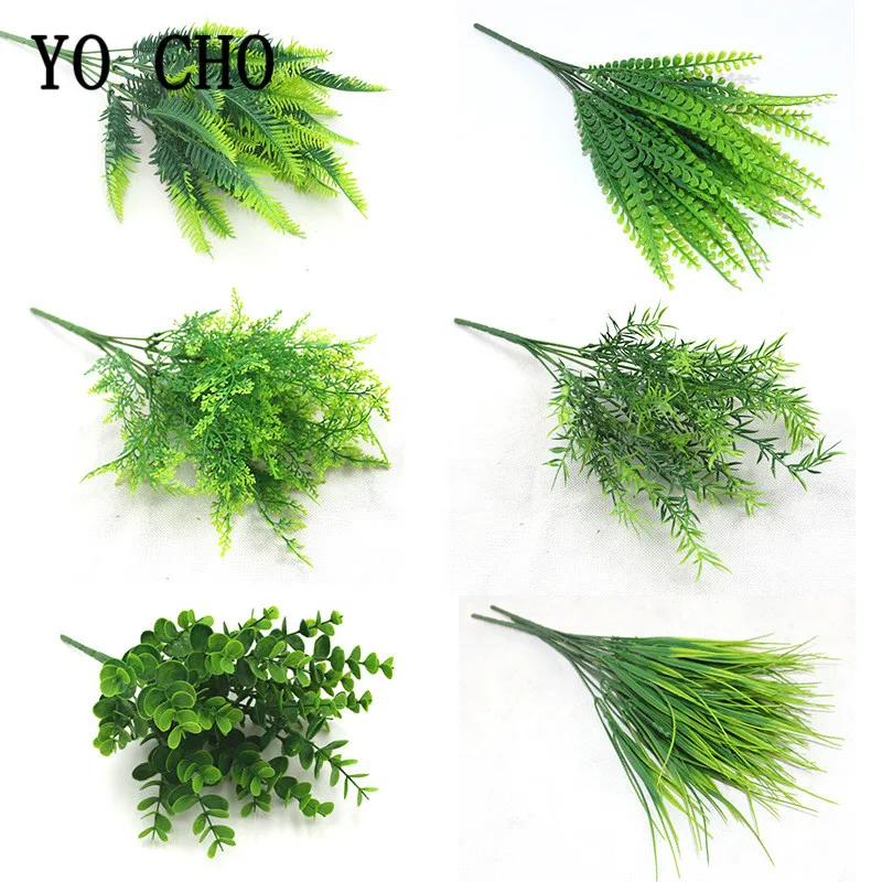 

YO CHO Artificial Plants Plastic Twigs Green Grass Fake Plants Twigs Leaves Grass Flower Arrangement Wedding Party Home Decor