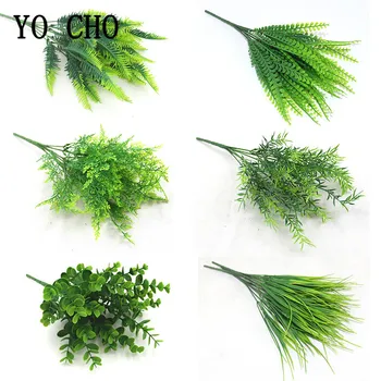 

YO CHO Artificial Plants Plastic Twigs Green Grass Fake Plants Twigs Leaves Grass Flower Arrangement Wedding Party Home Decor