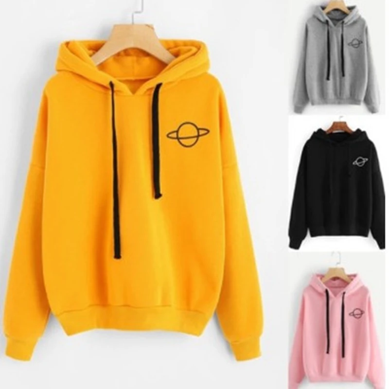 

Women Hoodies Casual Kpop Planet Print Solid Loose Drawstring Sweatshirt Long Sleeve Hooded 2020 Autumn Female Pullover S-3XL