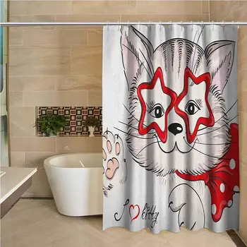 

Kids 3D Printed Shower Curtain Fashion Portrait Hipster Cat with Star Shaped Glasses and Bow I Love Kitty Hotel Quality Machine