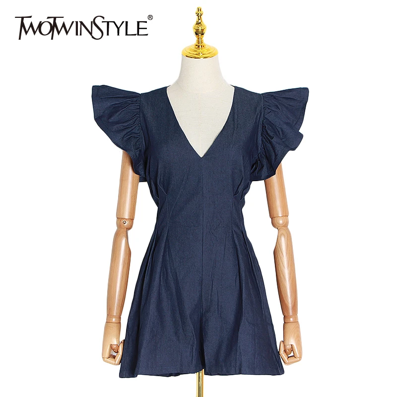 TWOTWINSTYLE Elegant Jumpsuits For Women V Neck Ruffle Sleeve High Waist Ruched Playsuit Female 2020 Spring Fashion Clothing New TWOTWINSTYLE Elegant Jumpsuits For Women V Neck Ruffle Sleeve High Waist Ruched Playsuit Female 2020 Spring Fashion Clothing New