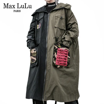 

Max LuLu Fashion Korean Style Ladies Autumn Punk Streetwear Womens Patchwork Vintage Hooded Trench Long Coat Printed Windbreaker