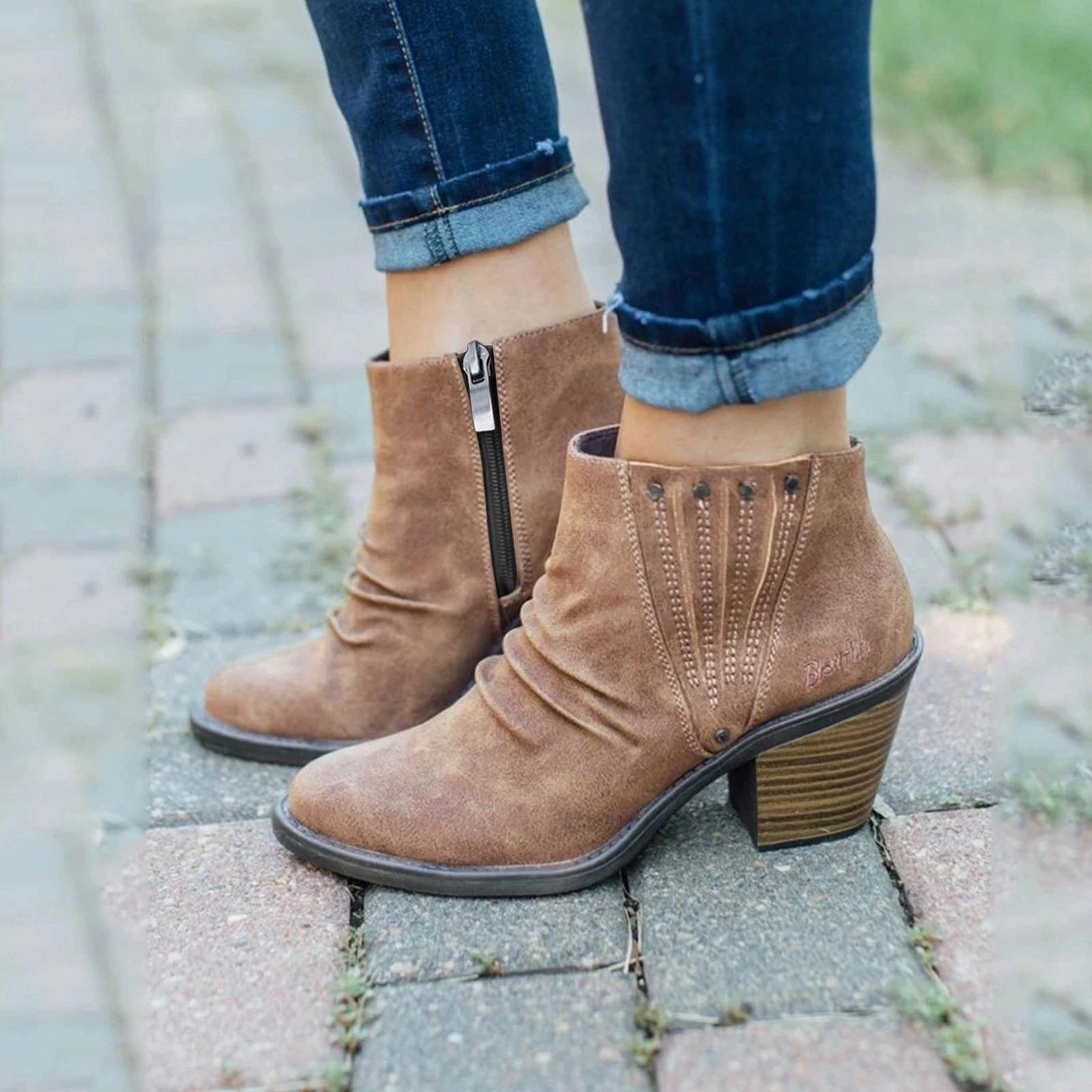 Botines de piel de Tacones con cremallera alta para Mujer, botines de moda, calzado romano, para otoño, #40|Botas hasta el tobillo| AliExpress