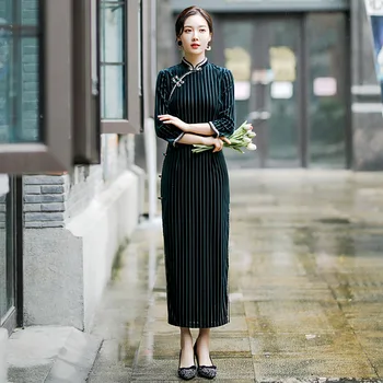 

Autumn Women Sexy Striped Velour Dress Gold Velvet Chinese Style Evening Party Qipao Handmade Button Vintage Cheongsam M-4XL