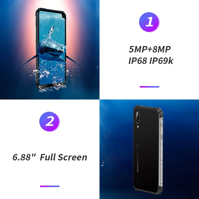 Смартфон Blackview BV6100 Android 9 0 IP68 IP69k NFC 4G 6 88 дюйма 5580 мА · ч 3 + 16 Гб|Смартфоны| |