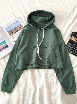 

Yeeloca Autumn Sports Hooded Design Sense Sweatershirt Female Loose Thin Trendy Pullovers Korean Drawstring Short Top