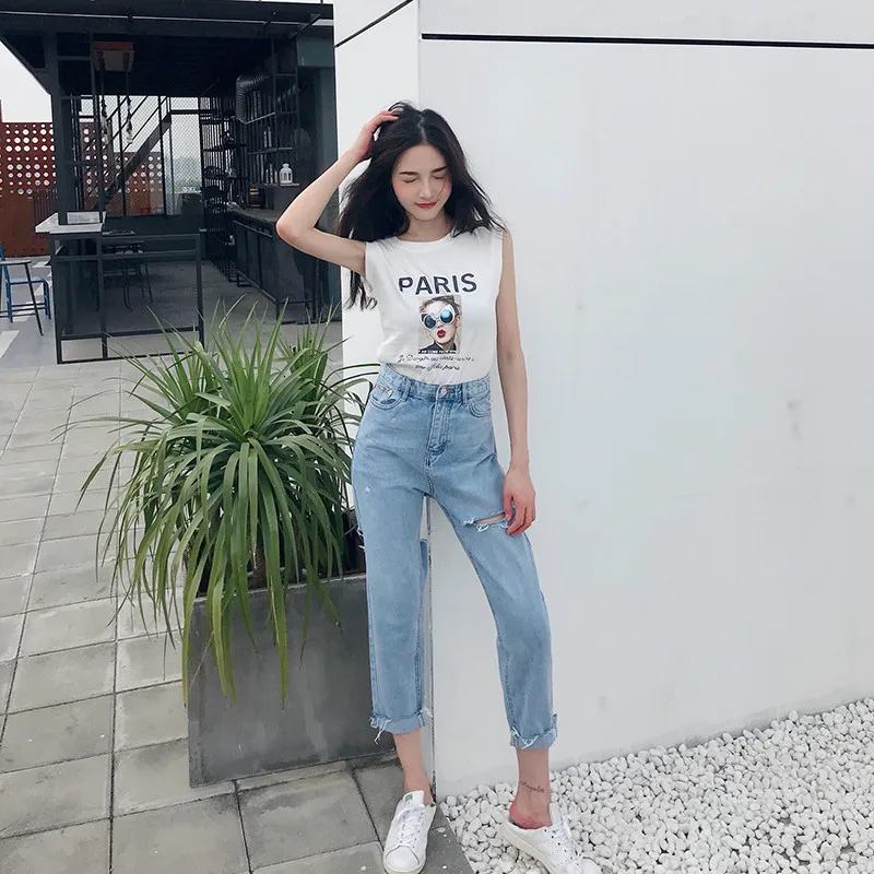 

Hole Blue Jeans Women Pants Vintage High Waist Ankle -length Trousers 2020 New Solid Straight jeans Pants women