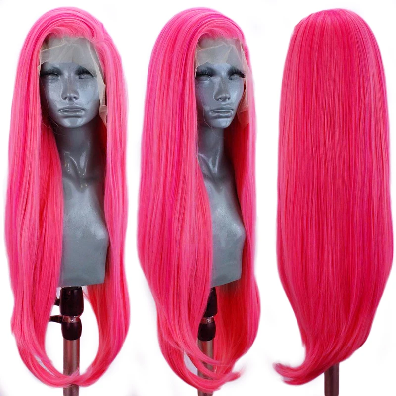 Charisma длинные прямые волосы, розовый парик с кружевным фронтом, Детские волосы, синтетические парики на кружеве для женщин, боковая часть парика