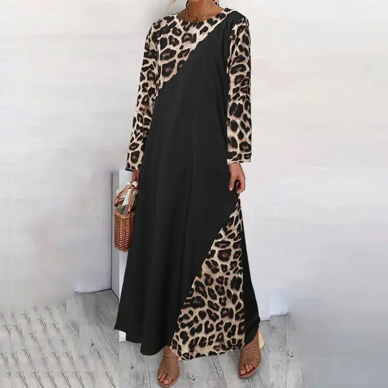 Celmia Dress Fashion Kaftan Patchwork Leopard Maxi Long Dress Women Vintage Dress Long Sleeve Casual Loose Vestidos Party Robe