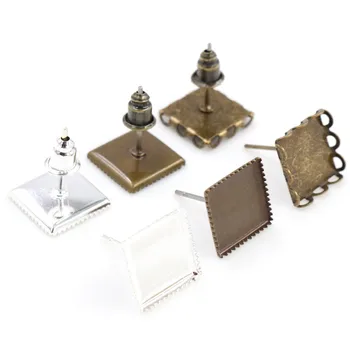 

10mm 30pcs/Lot Silver Plated And Bronze Square Earring Studs,Earrings Blank,Fit 10mm Square Glass Cabochons,earring setting