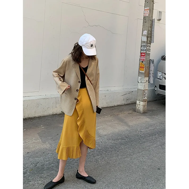 

Early Spring Korean-style CHIC Loose Retro Plaid Suit Students Long Sleeve Leisure Suit Coat Women's