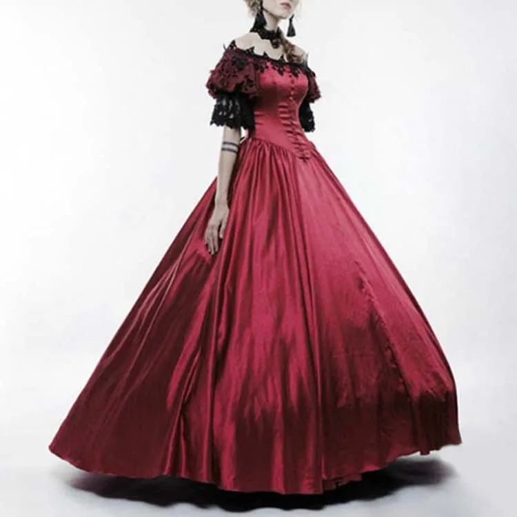 Halloween Costumes For Women Medieval Costumes Off-The-Shoulder Puff Sleeves Lace Large Dress Cosplay Court Dress Female SL1824 - Цвет: wine red