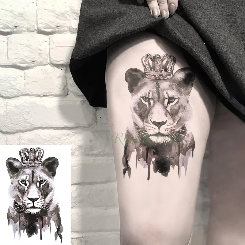 Водостойкая временная татуировка, наклейка, Лев, королева, корона, животное, тату, флэш-тату, поддельные татуировки, рука, нога, рука для девушек, мужчин, женщин - Цвет: Темный хаки