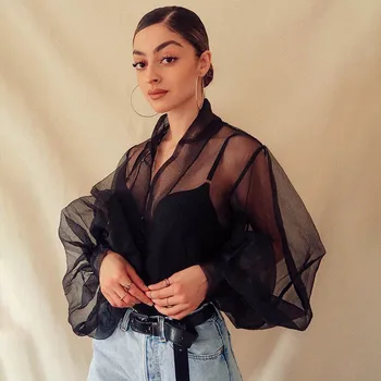 

2020 Women Mesh Sheer Blouse See-through Puff Sleeve Top Shirt Blouse Fashion Sexy Transparent White Black Shirt Female Blusas