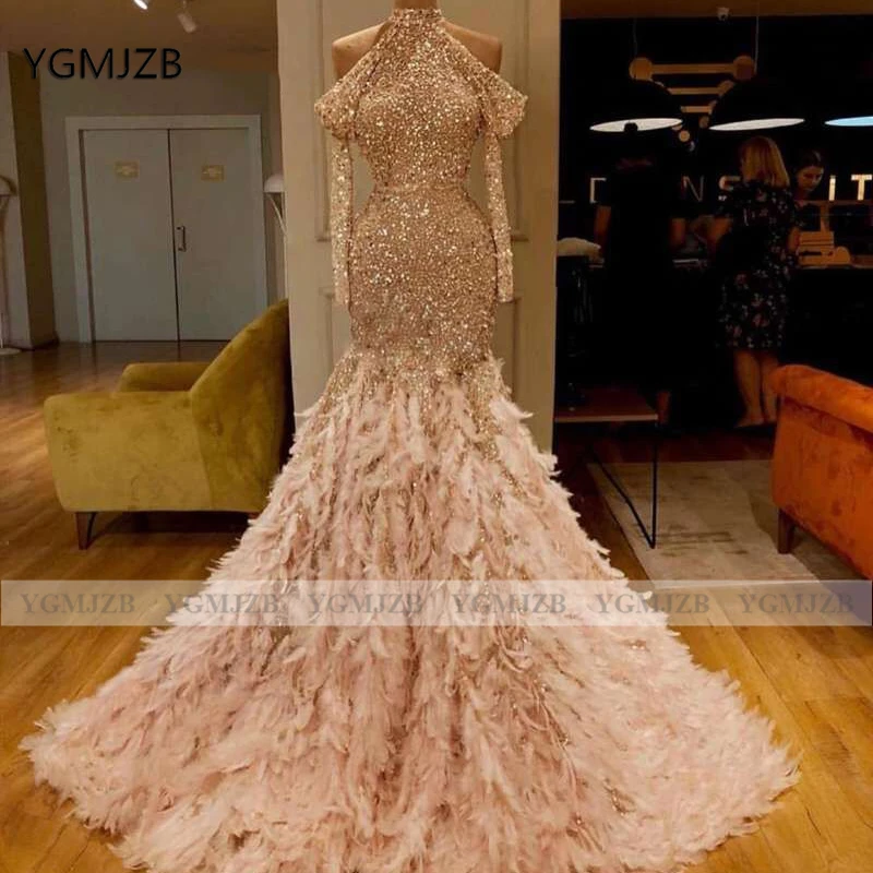 

Sparkly Sequin Mermaid Prom Dress 2020 Halter Long Sleeve Feather Evening Dress Women Formal Party Dress Women Evening Gowns