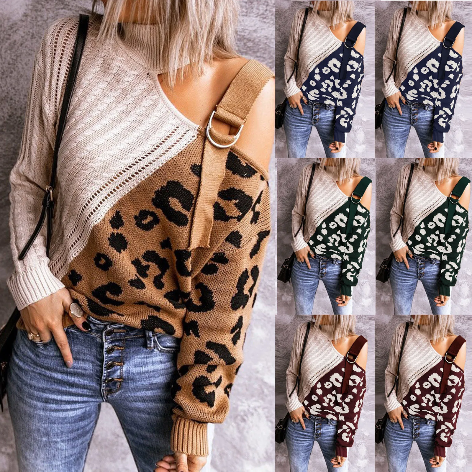 Women Turtleneck Tops Long Sleeve Off Shoulder Color Block Knitted Sweater Top Warm Pullovers Female Streetwear Loose Outerwear 1