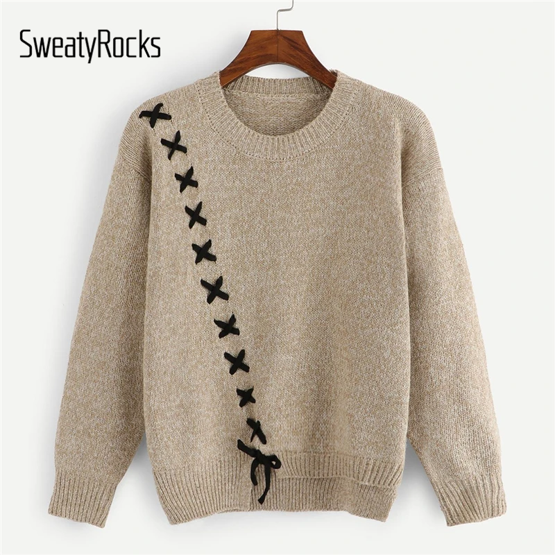 

SweatyRocks Khaki Lace-Up Asymmetrical Sweaters Ladies Basics Pullover Sweater Streetwear 2019 Autumn Women Casual Sweaters