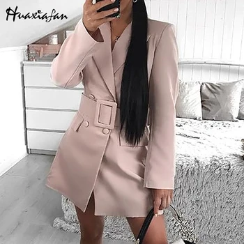 

Huaxiafan women blazers double button jackets coat belt vintage blazers longg sleeve autumn office lady blazer jackets coat 2019