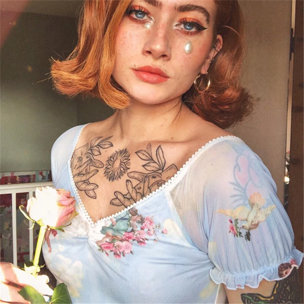 

Three-Ratels Mesh Angel Print Short Sleeve V-neck Ruffle Chiffon T shirt Sexy See-through Crop Top Summer Women Cute Streetwear