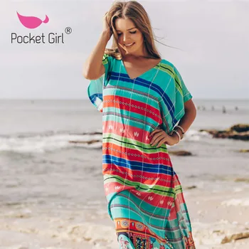 

Pocket Girl 2020 Women Sexy Bikini Cover Up Elegant Beach Dress Mesh Tunic Kaftan Beach Cover Ups Kimono Bathing Suit Beachwear