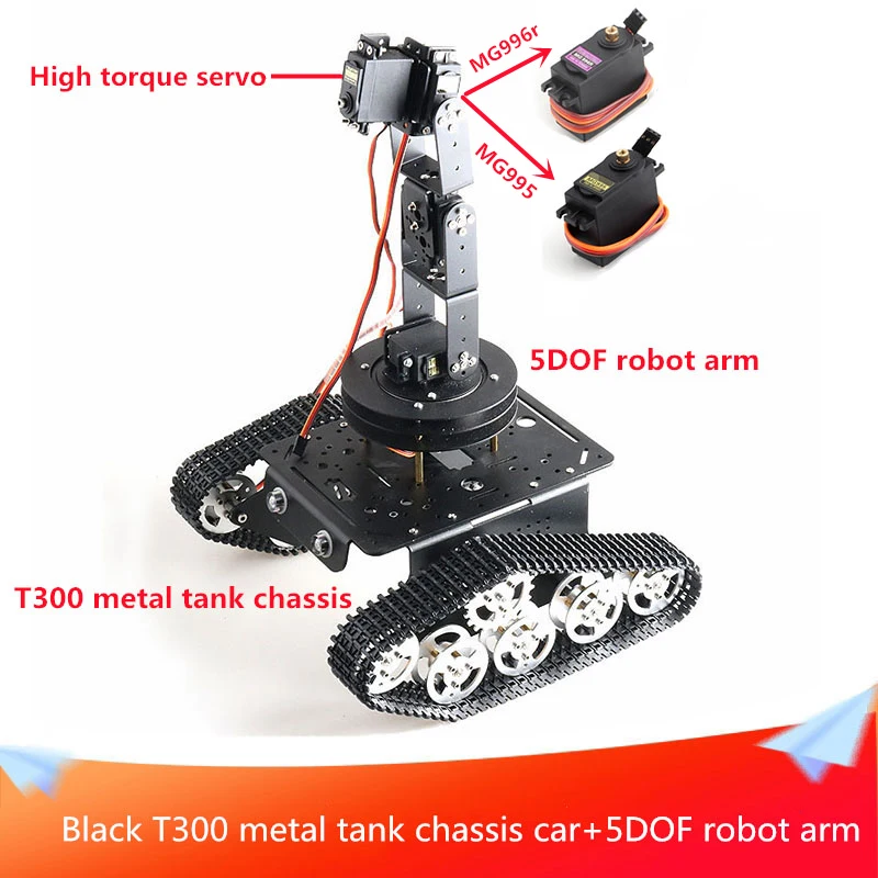 

Black T300 Metal Tank Chassis Car+5DOF Robot Arm Mobile/Rotating Gimbal Kit 2pcs 9V Motors and High Torque Servo Remote Control