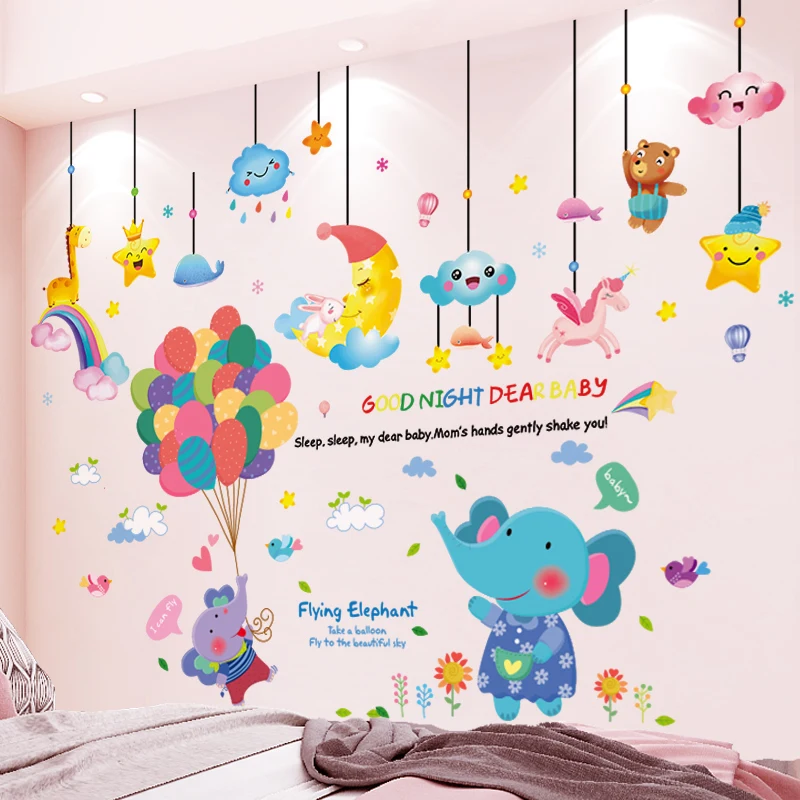 

[shijuekongjian] Cartoon Elephants Animals Wall Stickers DIY Balloons Moon Stars Wall Decals for Kids Bedroom House Decoration