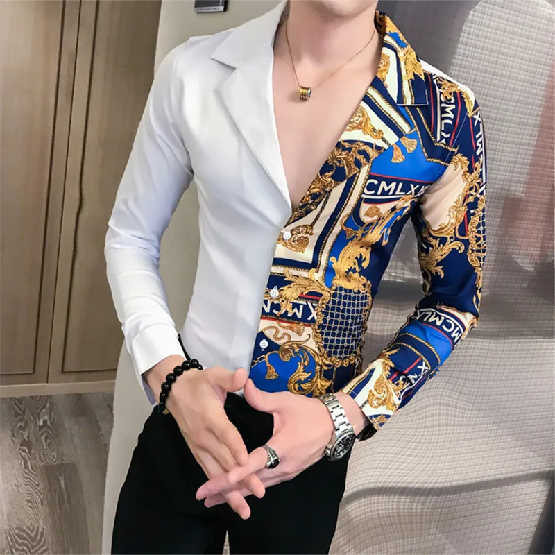 

Luxury Men's Baroque Party prom Shirt Mens 2019 Autumn Long Sleeve Panel Print Shirt Camisa Men Slim Black gold Patchwork Shirt
