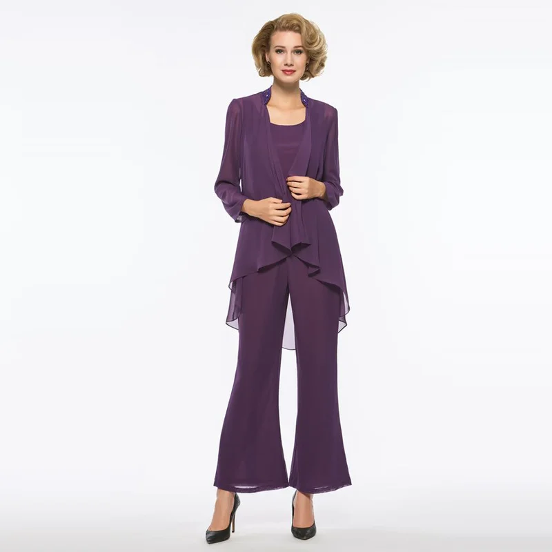 

Mother of The Bride Pantsuits O-neck Sleeveless Beaded 3 Pieces Wedding Party Suit Mother of The Groom Gown Vestido Mae Da Noiva