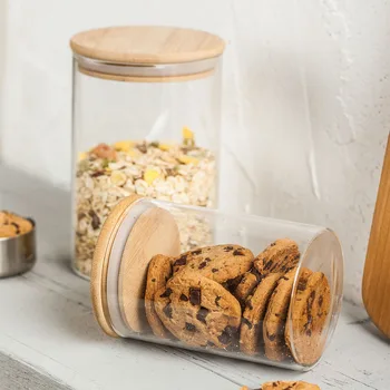 

Bamboo Lid Sealed Jar Glass Storage Container Tea Coffee Beans Spice Sugar Can Kitchen Cereal Sealing Organizer Jars
