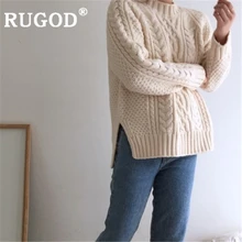 RUGOD женский свитер Пуловеры базовый Круглый Вырез Свободный теплый Сплит вязаный свитер зимний модный женский элегантный шикарный корейский