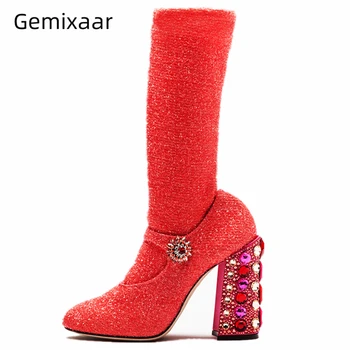 

Stretch Fabric Runway Boots Women Jeweled Rhinestone Chunky Heel Round Toe Crystal Buckle Belt Diamond Women Booties