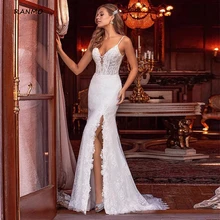 

Wedding Dresses 2021 Elegant Lace V Neck Beach Bride Mermaid Gowns Flower Pattern Vestido De Novia Civil Women Skirt